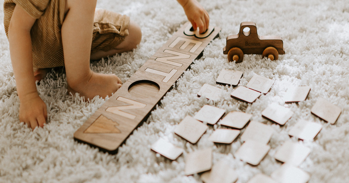Plastic Free Playtime Smiling Tree Toys Spell Well Name Puzzle Old School Truck Wooden Toys