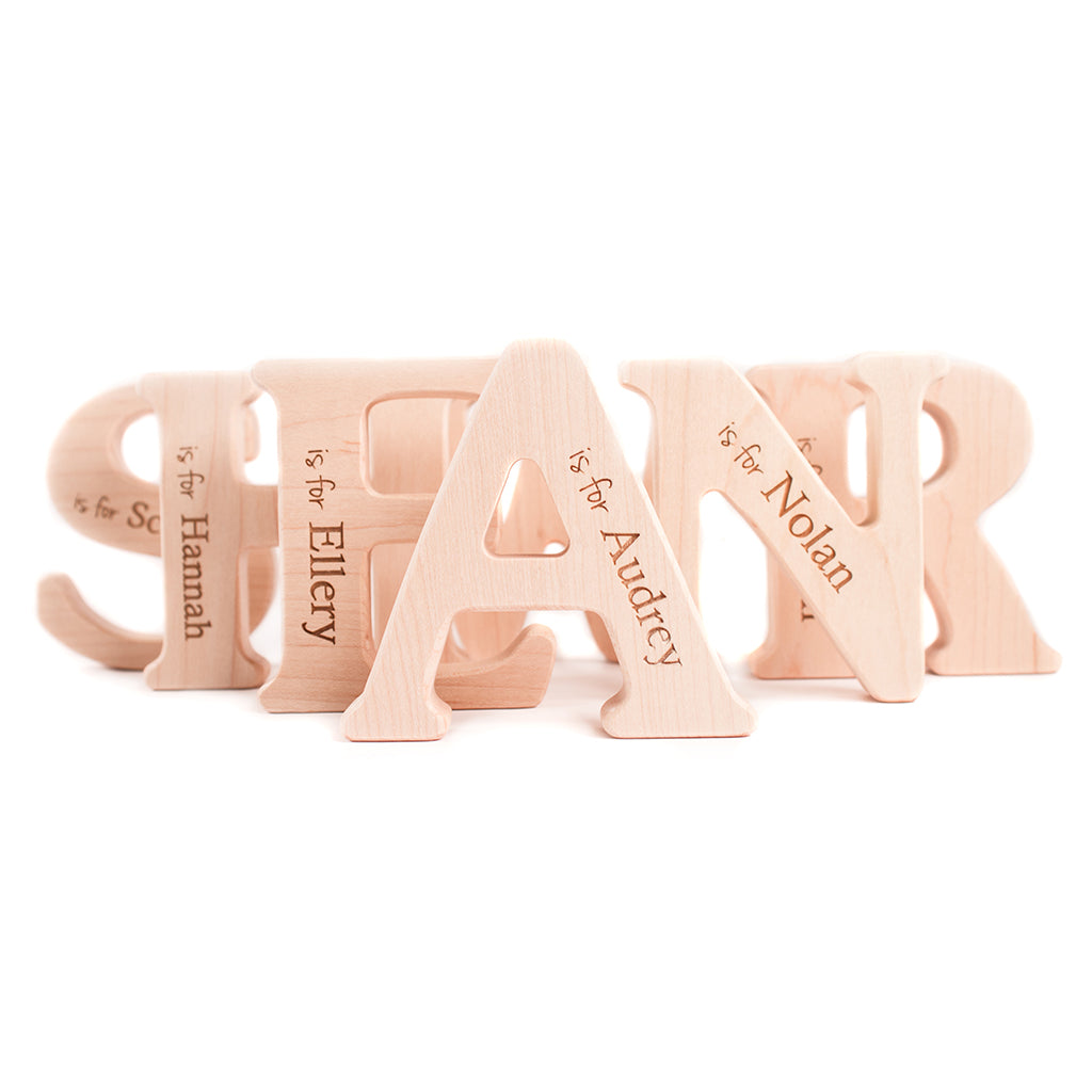 alphabet letter wood teether for baby love bird natural teething pain relief personalized keepsake unique baby gift