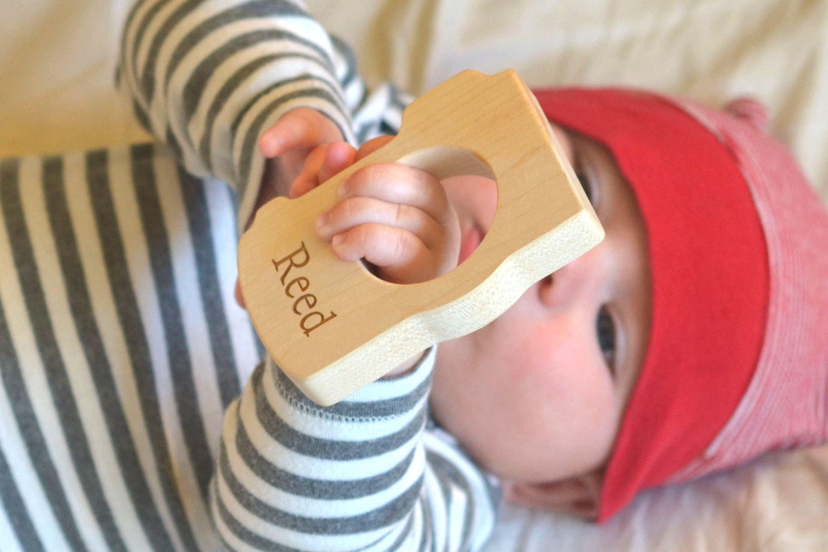 Personalized Camera Wooden Teether Handcrafted by Smiling Tree Toys | Heirloom Baby Gift