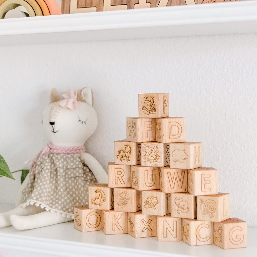baby and toddler hand-drawn wood animal alphabet blocks Smiling Tree Toys