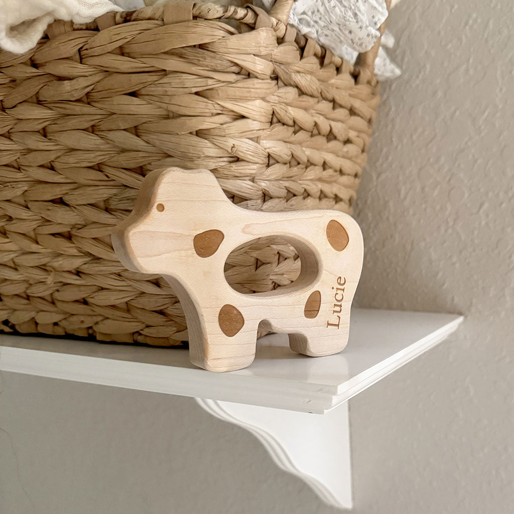 cow dairy farm wood teether for baby natural teething pain relief unique newborn gifts