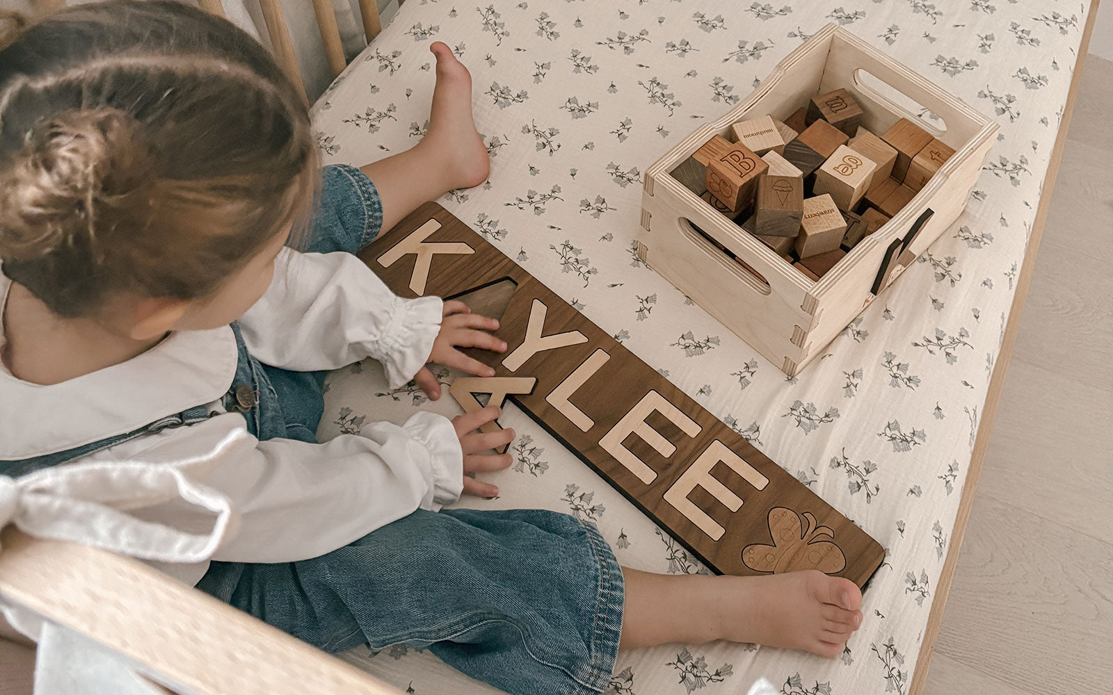 Personalized name puzzle made in the USA wooden block set with toy crate
