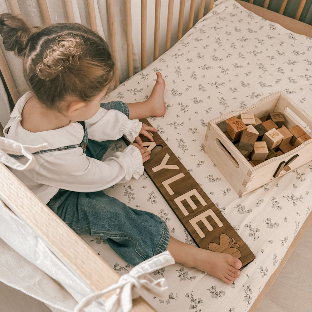 Personalized name puzzle made in the USA wooden block set with toy crate