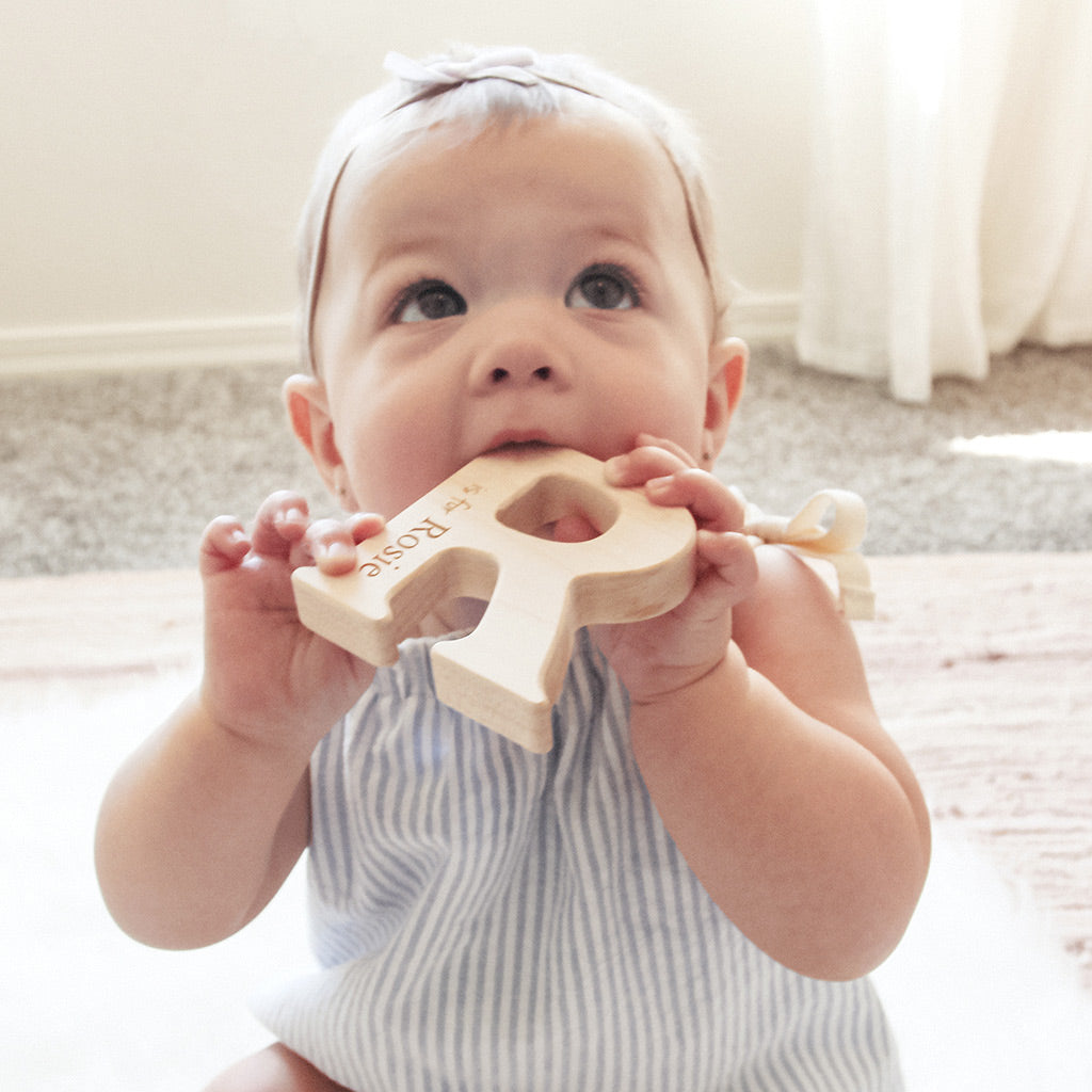 alphabet letter wood teether for baby love bird natural teething pain relief personalized unique baby gift