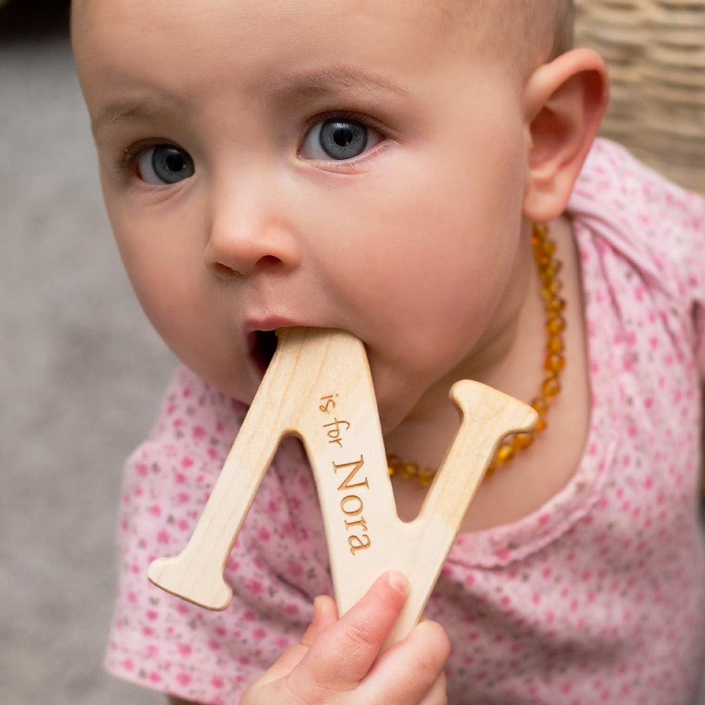 alphabet letter wood teether for baby love bird natural teething pain relief personalized keepsake unique baby gift
