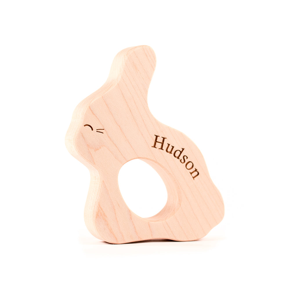 baby&#39;s first easter basket gift personalized wood teether for baby natural teething pain relief