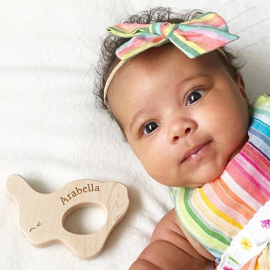 baby's first easter basket gift personalized wood teether for baby natural teething pain relief