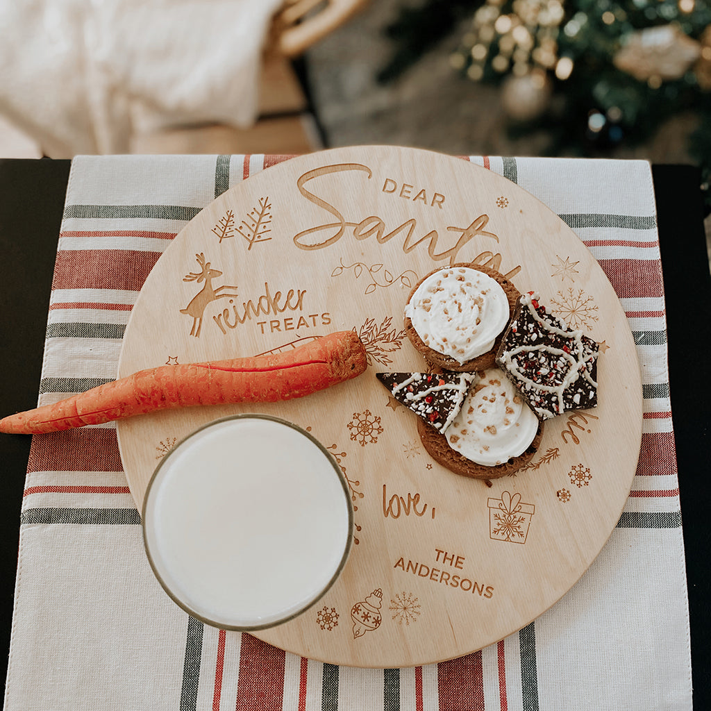 personalized wooden Santa Cookie Plate with milk and cookies spots