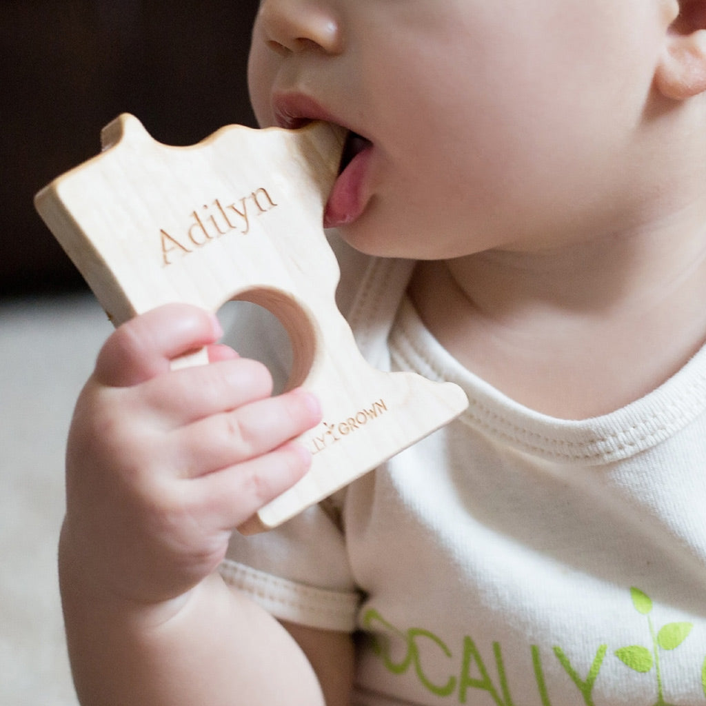 state shaped wood teether for baby unique baby gift