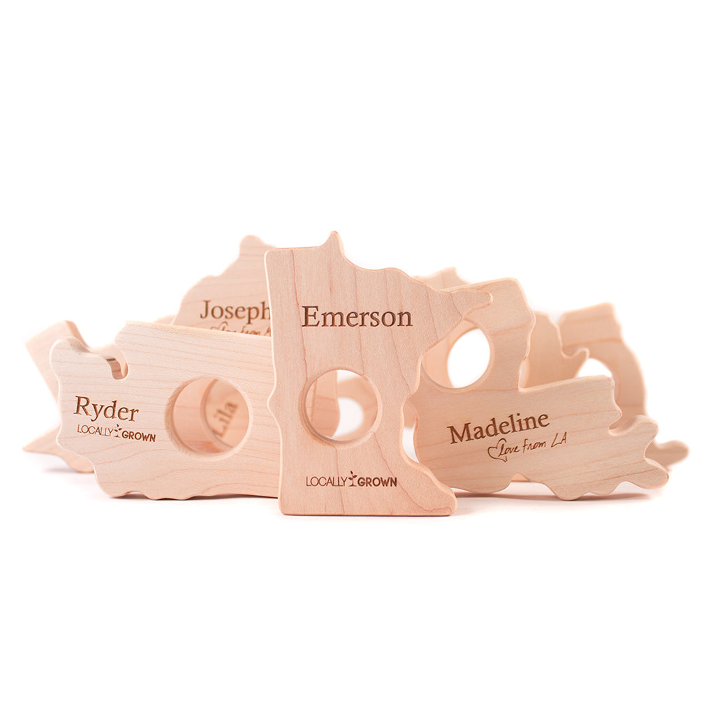 state shaped wood teether for baby unique baby gift