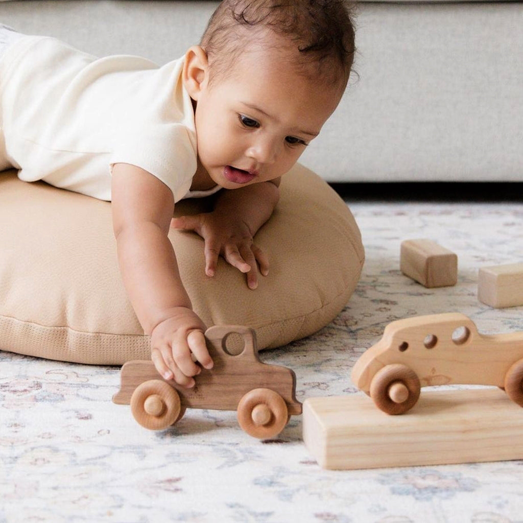 three wooden toy cars and truck set for boys or girls